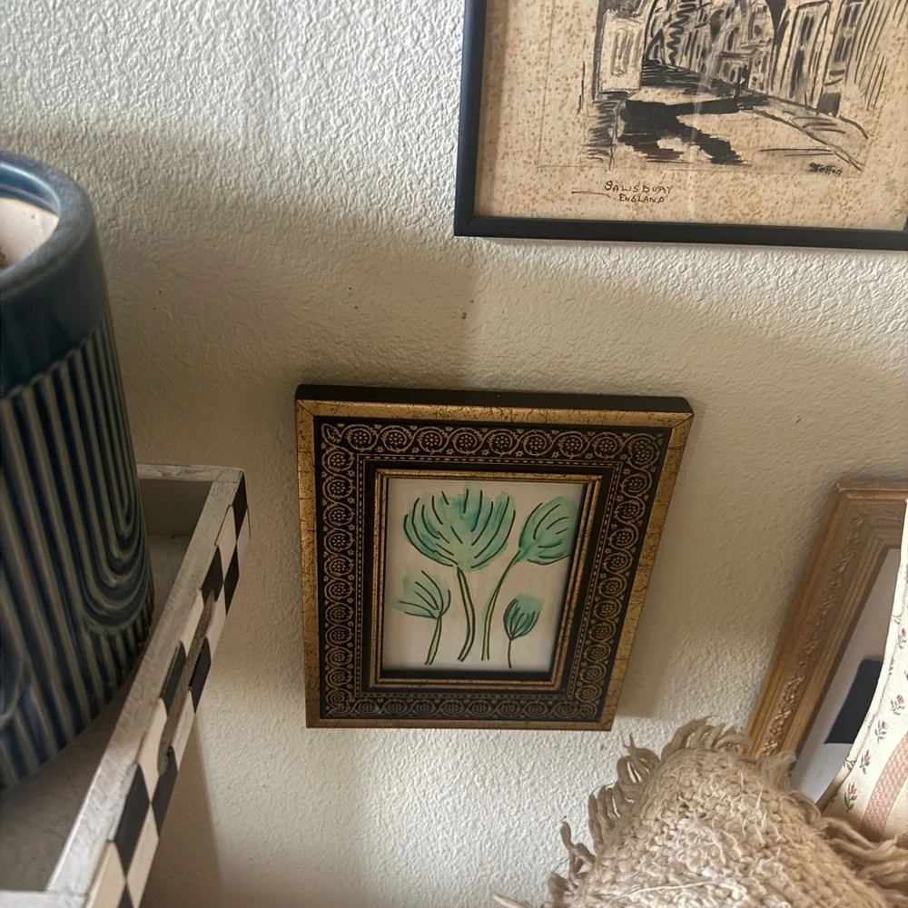 Vintage Gold and Black Picture Frame with original watercolor Floral Art 5x7”